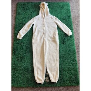 Fashion Nova Cream Teddy Bear Fleece Onesie Hooded Pajamas Jumpsuit Size L